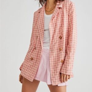 FREE PEOPLE Women's Pink Plaid Double-Breasted Blazer Jacket